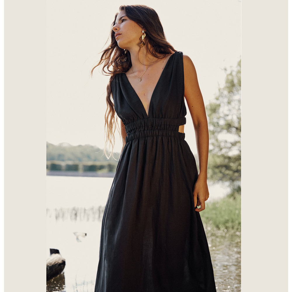 ZARA Black Linen Blend Maxi Dress NWT V Neck Resort Vacation Dress M - Picture 7 of 16